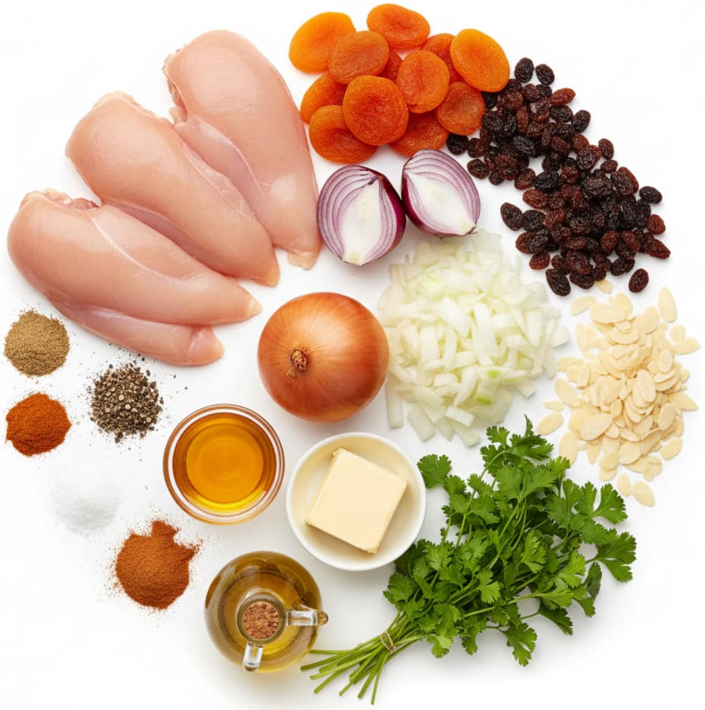 Ingrédients pour préparer un tajine de poulet aux abricots traditionnel avec épices marocaines.