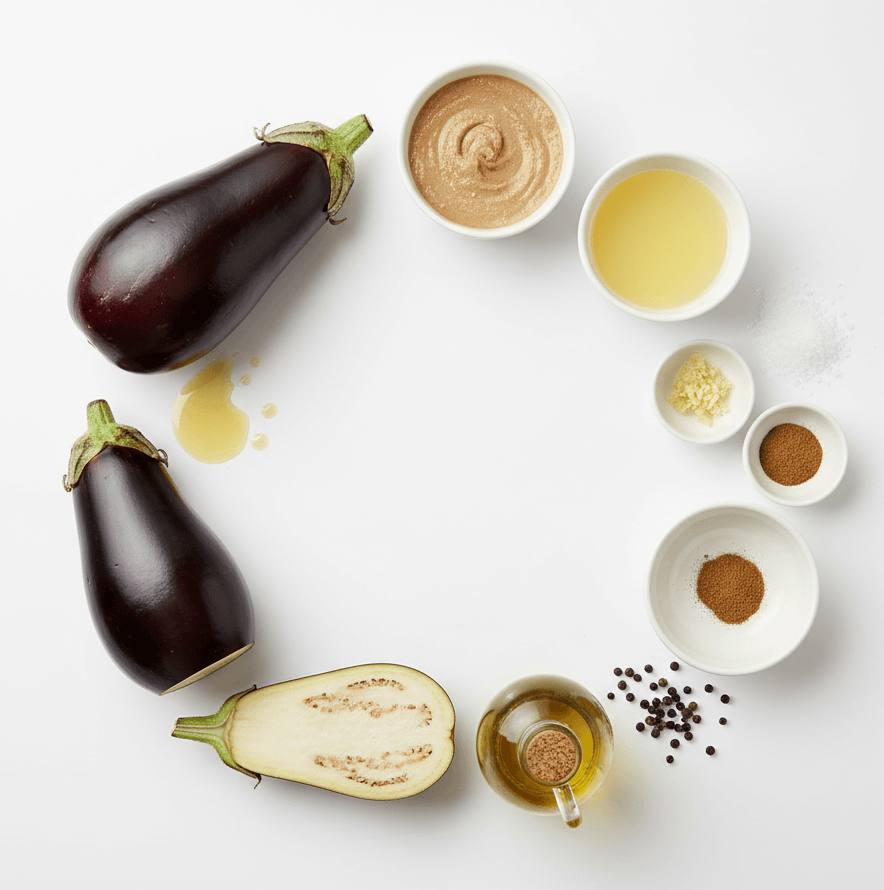 Ingrédients frais pour la préparation du caviar d’aubergine libanais, Moutabal, avec aubergines grillées, tahini, citron et ail.