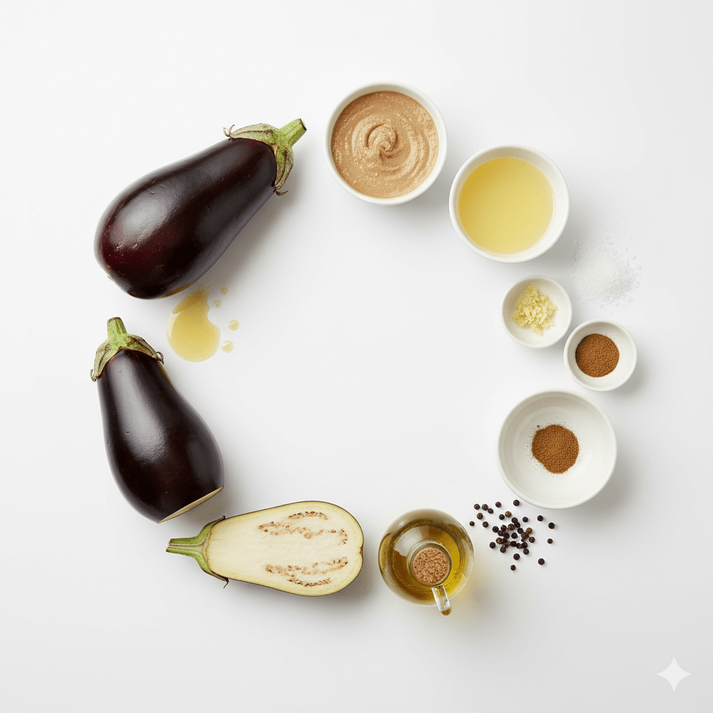 Ingrédients frais pour la préparation du caviar d’aubergine libanais, Moutabal, avec aubergines grillées, tahini, citron et ail.