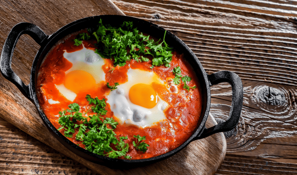 Photo de la chakchouka marocaine authentique, un plat traditionnel à base de poivrons, tomates, œufs et épices, préparé selon la recette maison tchoutchouka facile.