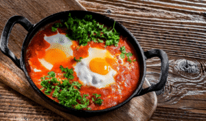Photo de la chakchouka marocaine authentique, un plat traditionnel à base de poivrons, tomates, œufs et épices, préparé selon la recette maison tchoutchouka facile.
