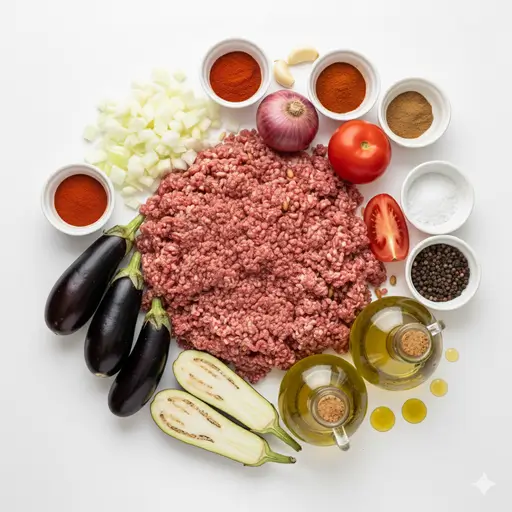ingrédients aubergine farcie libanaise avec viande, tomates et épices