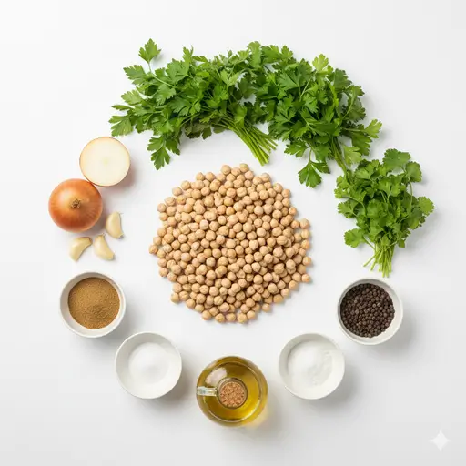ingrédients pour falafel maison avec pois chiches, herbes et épices
