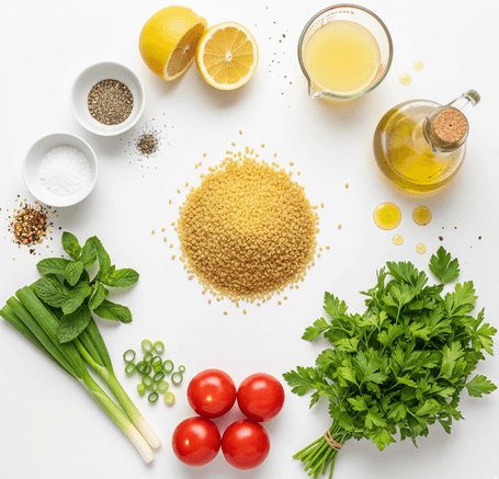 ingrédients du taboulé libanais avec persil, citron et boulgour