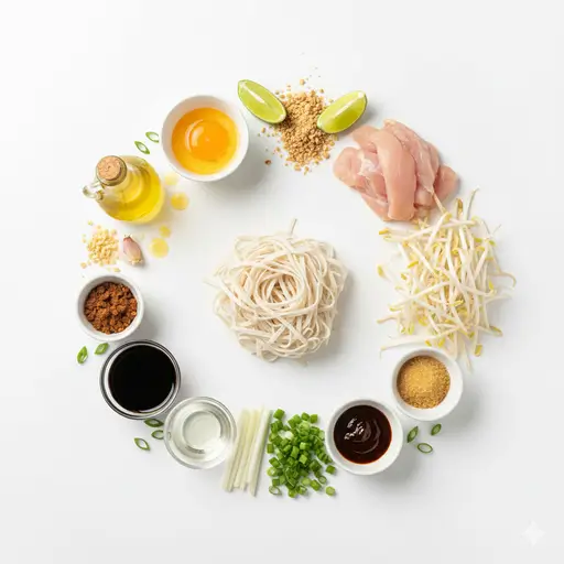 Ingrédients pour préparer un Pad Thaï thaïlandais maison avec poulet, nouilles et tamarin