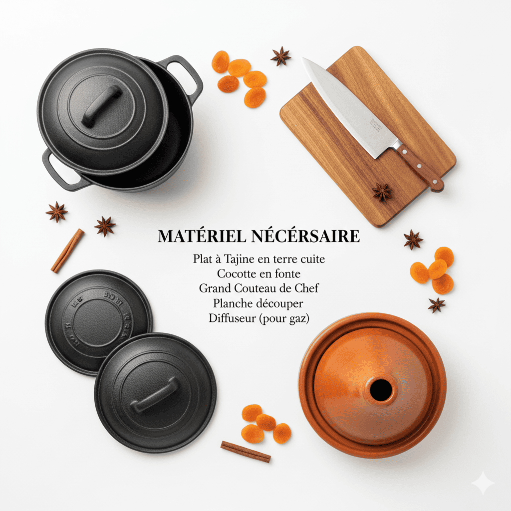 Ustensiles et matériel indispensables pour cuisiner un tajine de poulet aux abricots à la maison.