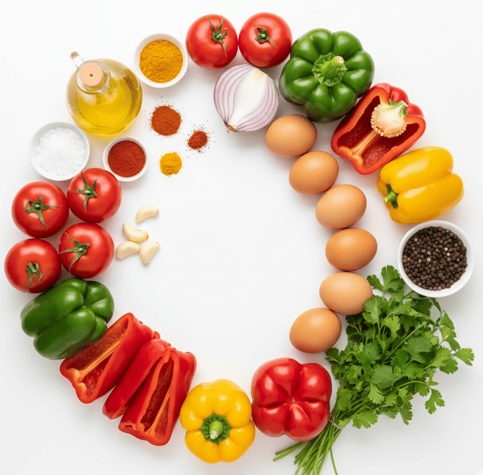Ingrédients frais pour préparer la tchoutchouka marocaine traditionnelle, une recette authentique de chakchouka aux poivrons, tomates et épices inspirée de la cuisine maghrébine.