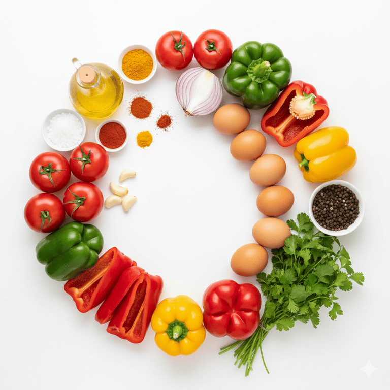 Ingrédients frais pour préparer la tchoutchouka marocaine traditionnelle, une recette authentique de chakchouka aux poivrons, tomates et épices inspirée de la cuisine maghrébine.