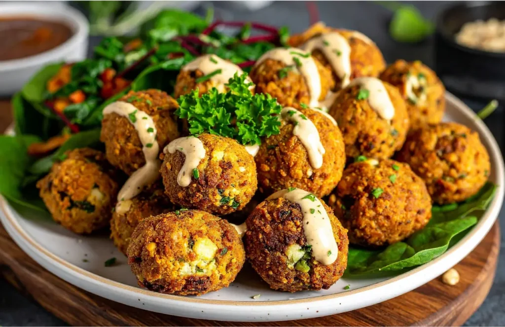 assiette de falafels maison servis avec sauce tahini et salade