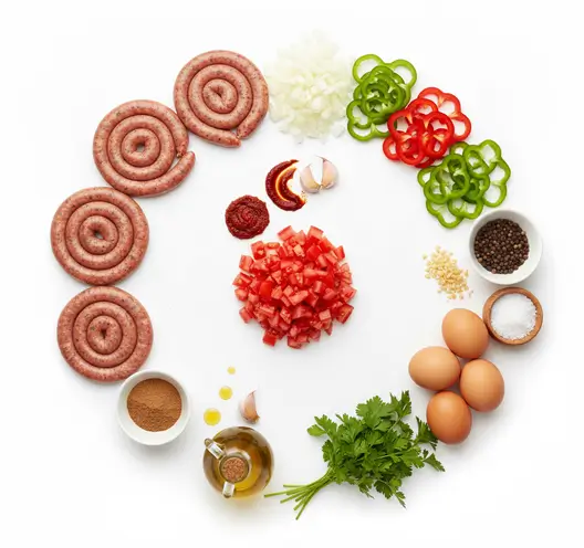 Ingrédients pour préparer une Ojja tunisienne maison avec merguez et poivrons
