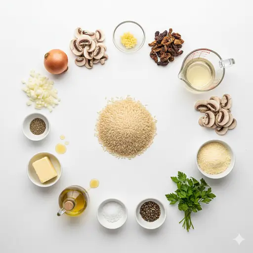 Ingrédients pour risotto italien maison avec champignons et parmesan