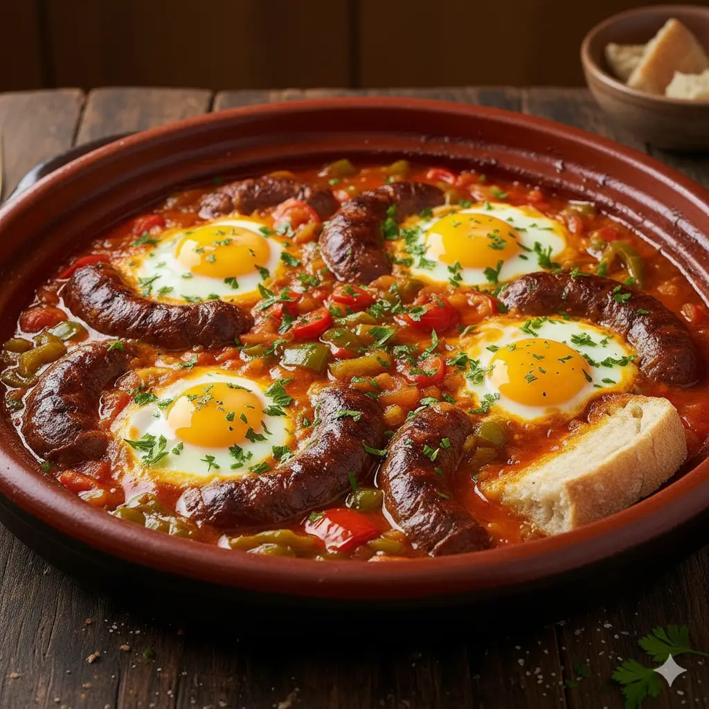 Ojja tunisienne maison aux merguez servie dans une poêle avec œufs et poivrons