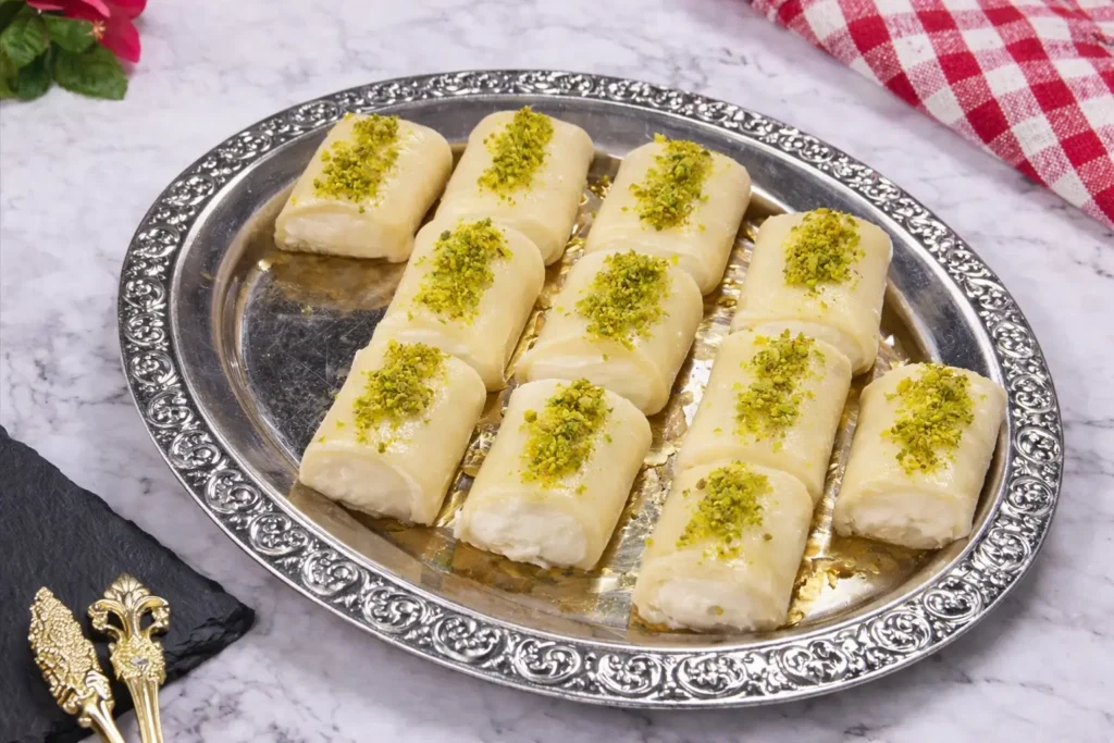Halawet el jibn syrienne garnie de crème et pistaches