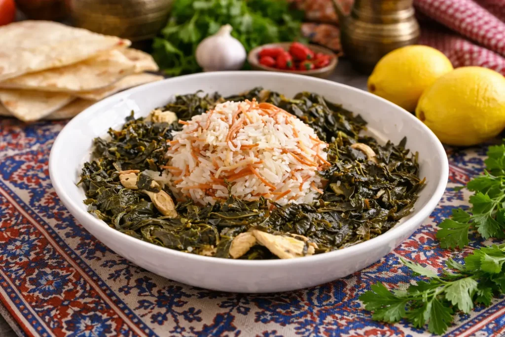 Mloukhiyeh syrienne au poulet servie avec riz blanc