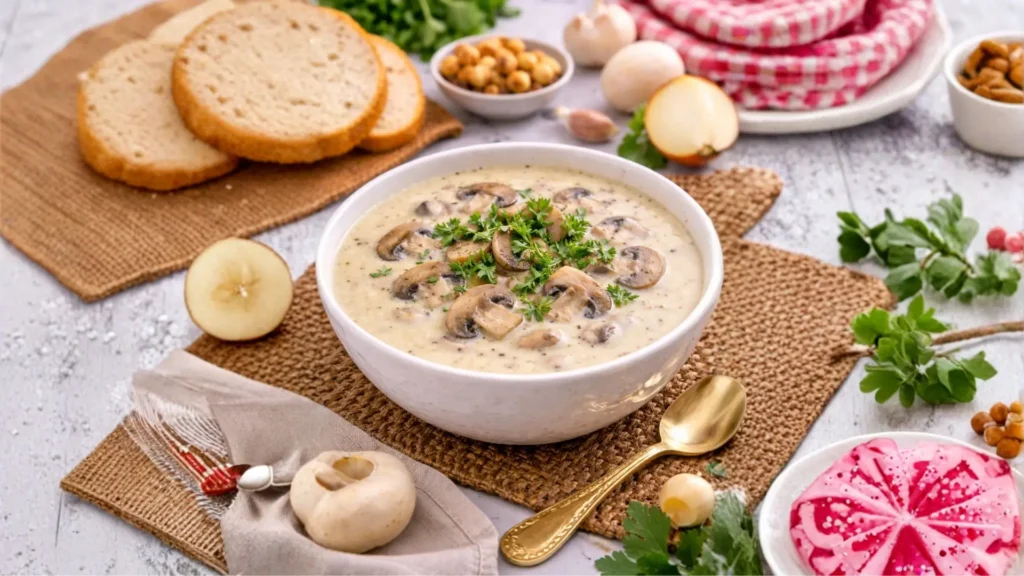Soupe de champignons syrienne crémeuse servie dans un bol