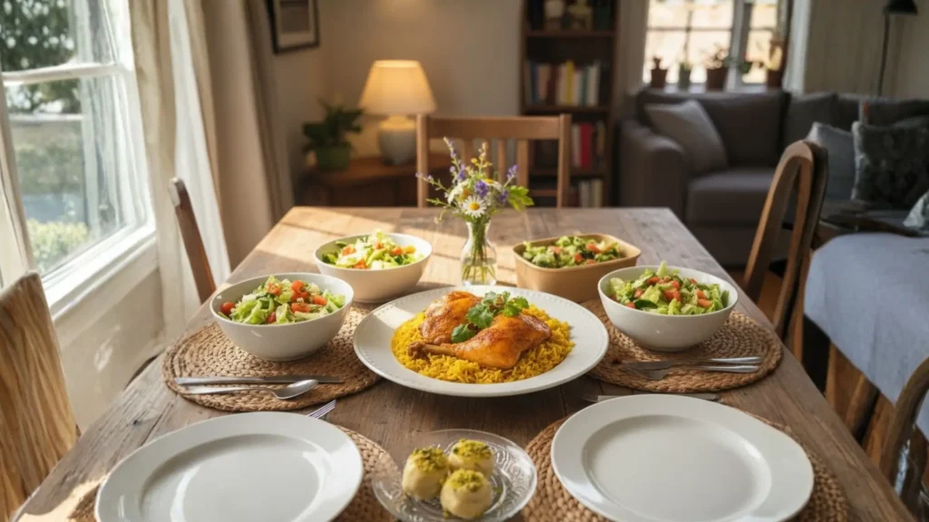 Kabsa syrienne traditionnelle au poulet servie avec riz basmati parfumé