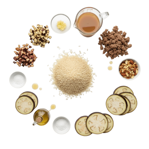 Ingrédients de la maklobeh : aubergines, riz égyptien grain court, viande hachée, ghee, bouillon d’aubergine et fruits secs