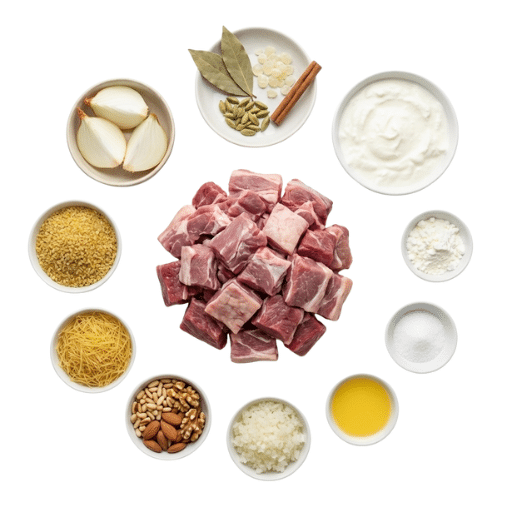 Ingrédients de la shakriyeh syrienne au yaourt et à la viande