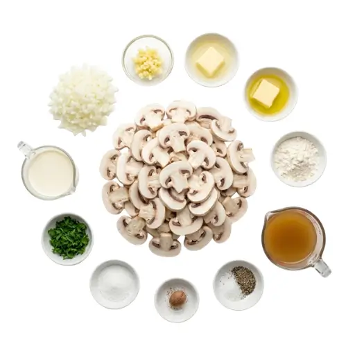 Ingrédients pour soupe de champignons syrienne : champignons, oignon, ail, crème