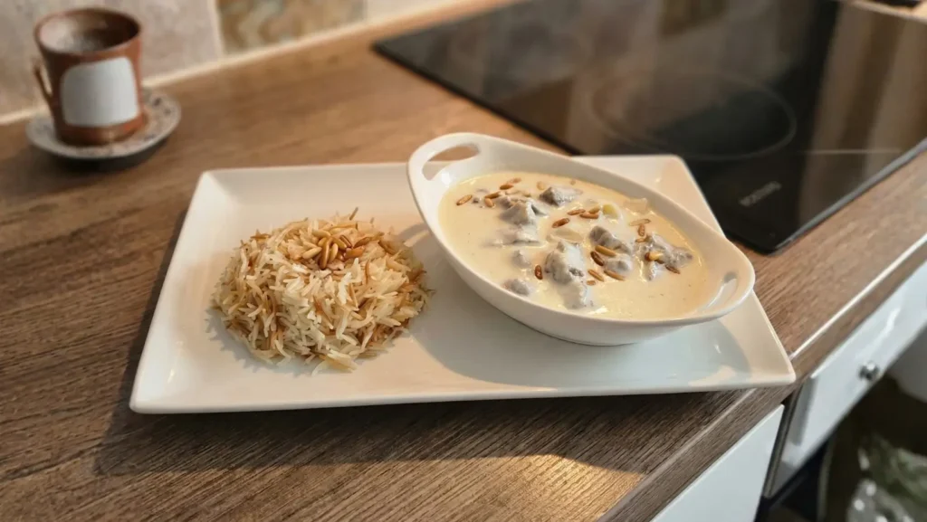 Shakriyeh syrienne traditionnelle au yaourt et à la viande servie avec riz