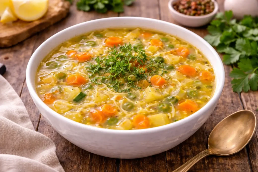 Soupe de légumes syrienne traditionnelle aux vermicelles servie dans un bol en céramique