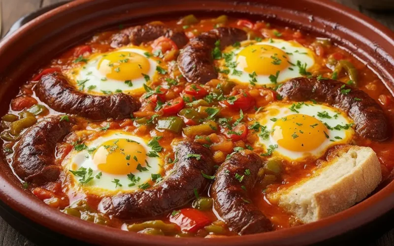 Ojja tunisienne maison aux merguez servie dans une poêle avec œufs et poivrons